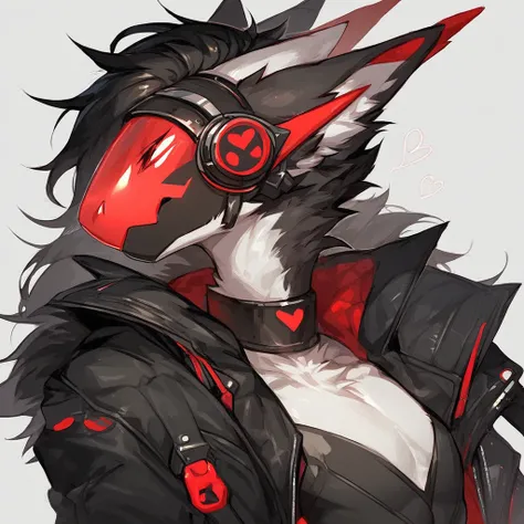 (Head Shot), (ExpressiveH), score_9, score_8_up, score_8, athletic, anthro, solo, femboy, Robotic body, black metal, red protogen, black visor, black jacket, black hair,