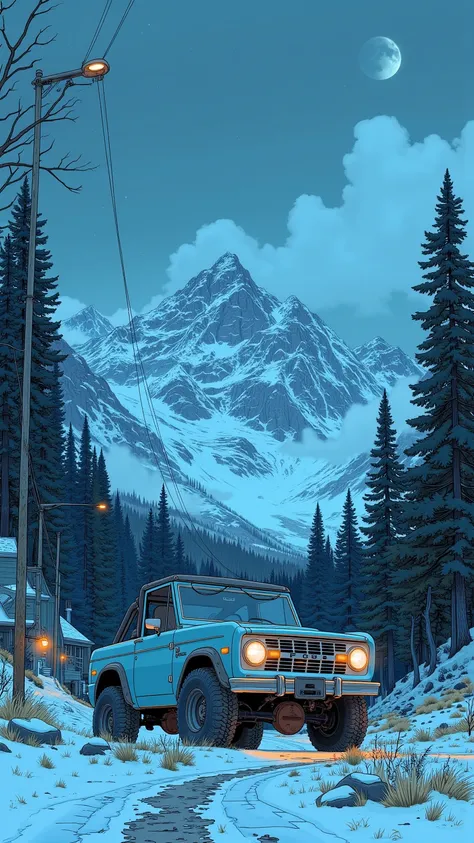 ( masterpiece :1.2, top quality),( very detailed), Anime Style,8k,16k, wallpaper,( Ford Bronco 1970s ),  Beautiful night  ,(America:2 .0),( At the foothills of the Rocky Mountains where snow is falling:2.0),( dynamic :2.0)masterpiece, Overlooking, 