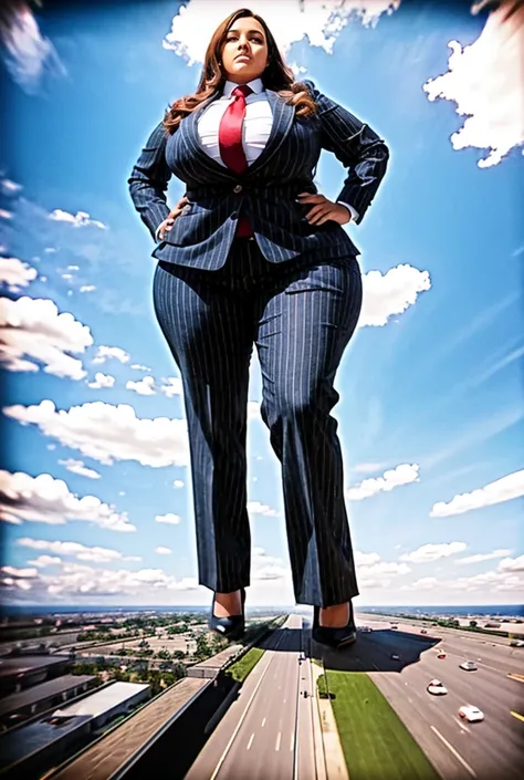 Looking up at the approaching young giantess from below, Giantess art, 100 miles tall giga giantess, sophisticated and stylish woman in a light grey italian pinstriped trouser suit, form fitting crisp white office shirt, and a large wide blue necktie in a ...