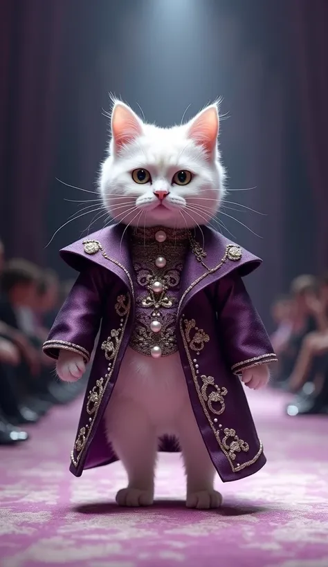 white small fat cat in beautiful dark purple and white cloths in the fashion show, different pearl pattern , standing like human