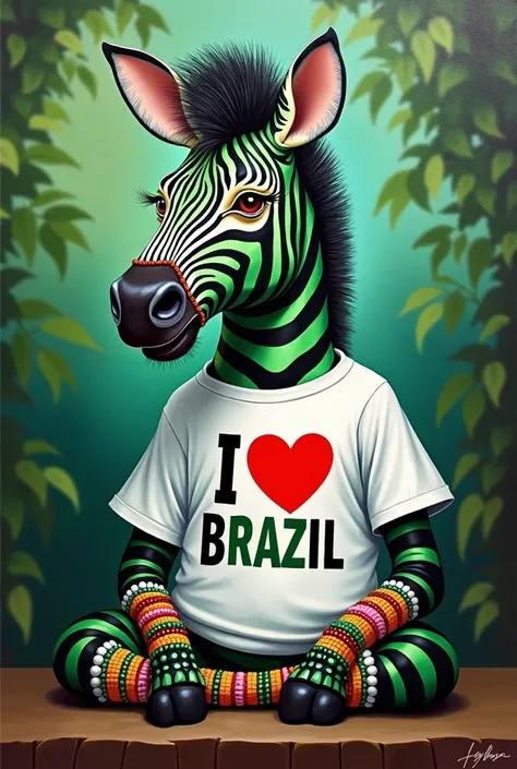 Make a Cartoon painting of a zebra that has green and white stripes wears a T-shirt that says "I love Brazil" And has many bracelets