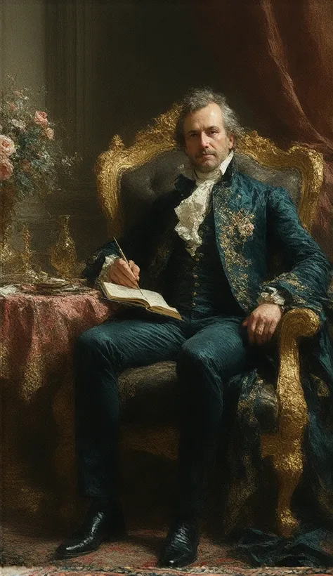 A Rococo painting depicting a man in his 40s, symbolizing success and achievement. He is depicted in a confident pose, seated in a luxurious chair, with a thoughtful look that suggests both satisfaction and contemplation of his achievements. The man is dre...