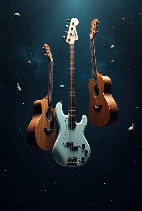 1 bass and 2 acoustic guitars floating in space,  realistic 