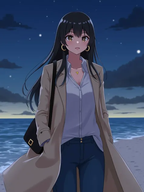 ((masterpiece)), (best quality), (hyper-detailed). spectacular anime style. A very beautiful woman walks along a beach in winter. It is a very cold night and she is wearing custom jeans, a button down shirt with a triangle neckline and a long trench coat. ...