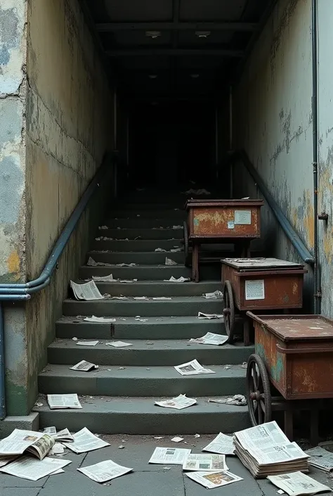 Realistic image: dirty stairs of a building with several rusty market carts covering the entrance, newspapers on the floor, film filter 