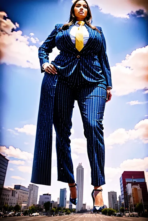 Looking up at the approaching young giantess from below, Giantess art, 100 miles tall giga giantess, sophisticated and stylish woman in a yellow italian pinstriped trouser suit, form fitting crisp white office shirt, and a large wide yellow necktie in a wi...