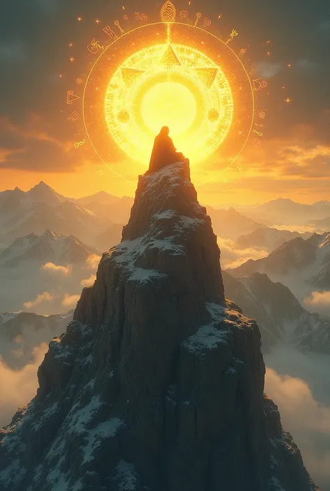  An alchemical magician sitting on a mountaintop, the sun rises ,  and a golden circle of light surrounds it .  Floating runes appear in the sky .
