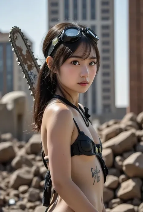 ((( Low angle shooting、full length portrait , Biologically correct images , sleepy eyed , looking up at the camera   :1.22 ,   18 year oldJapanese girl standing in front of a ruined skyscraper and next to a pile of rubble  ,naked except for leather loin cl...