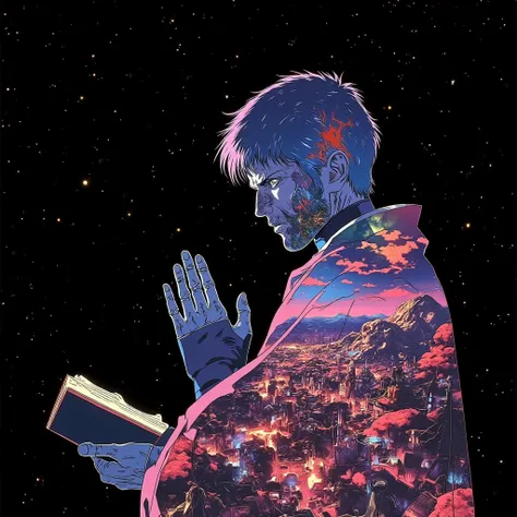 god eye , double_exposure vibrant colorful heavens paradise onto the shape of a male priest praying with one hand with book touching the sky with a black backdrop"canvas_in_shape | black plain backdrop | multiple-exposure photography by Christoffer_Relande...