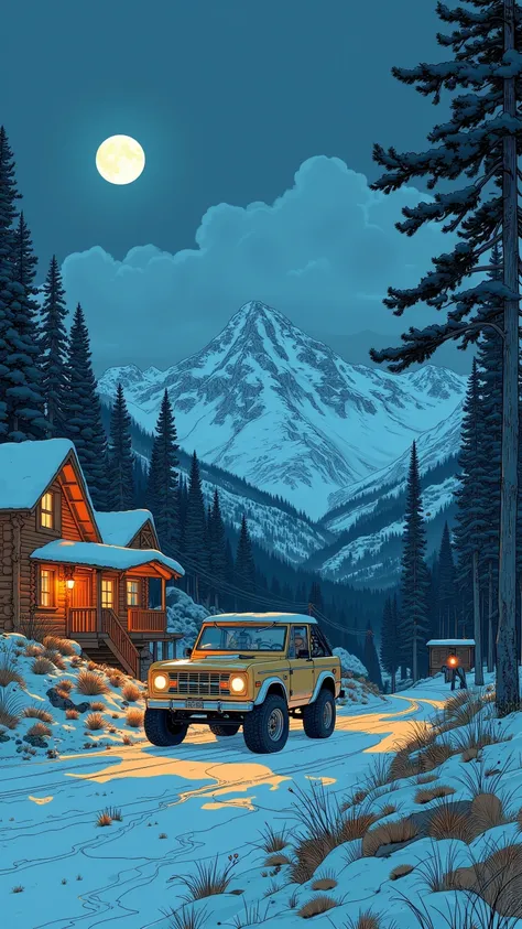 ( masterpiece :1.2, top quality),( very detailed), Anime Style,8k,16k, wallpaper,( Ford Bronco 1970s ),  （Christmas log cabin 2.0) Beautiful night  ,(America:2 .0),( At the foothills of the Rocky Mountains where snow is falling:2.0),( dynamic :2.0)masterpi...