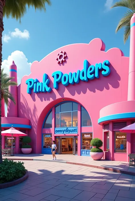  A shopping mall called pink powders ,  with a pink facade written in blue letters the name of the mall, located between 2 important avenues 