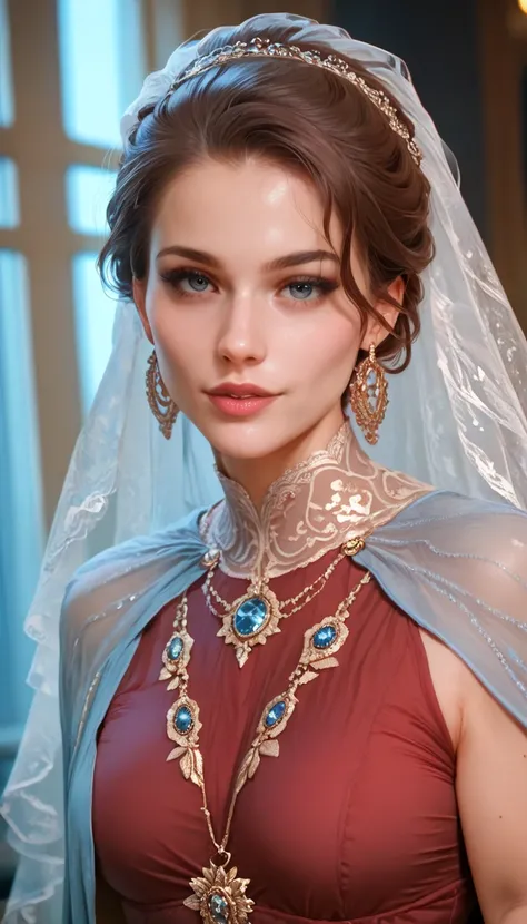 score_9, score_8_up, score_7_up, score_6_up, score_5_up, score_4_up, rating_safe, Virgin Mary, looking at the camera, reddish brown tunic, blue-gray cape, beige veil, intricate, elegant, very detailed, beautiful portrait, golden aura,