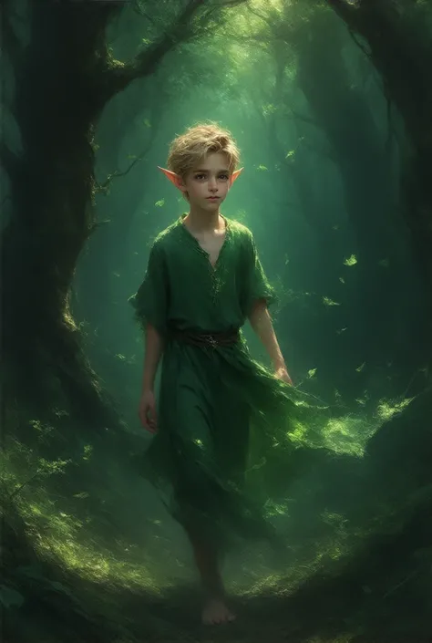 Create a boy elf , green dress, blonde hair and big eyes,  walking in the woods