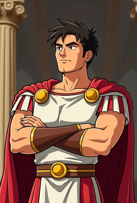 Super simple anime-style cartoon by Governor Pôncio Pilatos:

1. face: Rigid features, Serious look.


2. expression: Authoritarian and thoughtful .


3. clothes: Roman tunic with red and gold details .


4. posture: imposing,  arms crossed or gesturing .
...