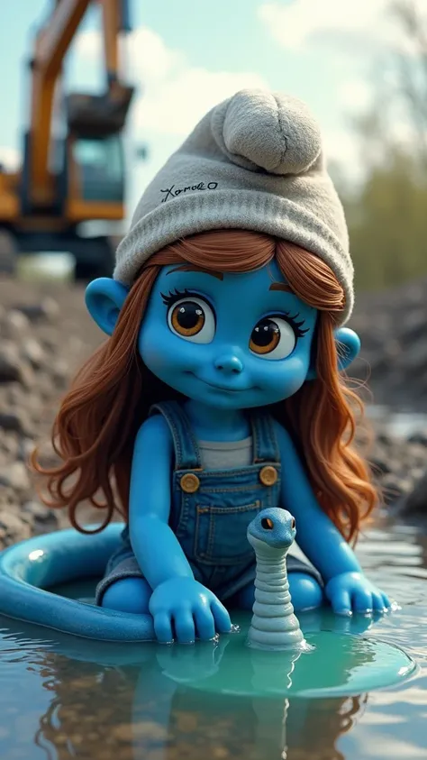  Smurf : female, pretty, adult, blue,  brown long hair,  a tattoo with the inscription xp9 , sitzt in einer slimy Brighten coloren pfütze,  wears a cap and clothing . Der Smurf  sitzt in einer  pfütze. puddle: slimy, Bright, color, squirting . Neben dem Sm...