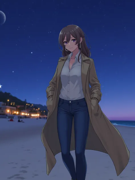 ((masterpiece)), (best quality), (hyper-detailed). spectacular anime style. A very beautiful woman walks along a beach in winter. It is a very cold night and she is wearing custom jeans, a button down shirt with a triangle neckline and a long trench coat. ...