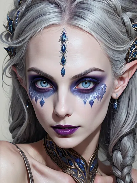 beautiful female  drow, dark elf,  blue skin, (pointy ears:0.4), beautiful, graceful, feminine, mature, elegant, (beautiful eyes, detailed eyes, sparkling eyes:1.6), (long hair, loosely braided), (beautiful lips, detailed lips, full lips, deep plum colored...