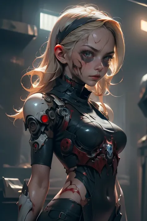 Blonde girl ((detallada)),  scared , white eyes, Has a headband,  futuristic armor ,  dystopic future , Cyber punk wings ,  blood on her face, lost look ,  dark cyberpunk background ,  lighting light dark, mysterious,  background creatures 