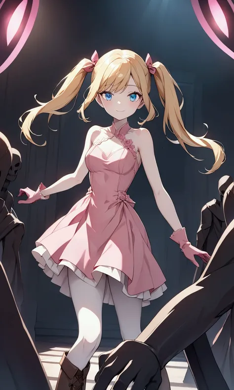 make me a girl, pale skin, pink short tight dress, the dress has some details on it, brown boots, pink gloves, blonde hair and pigtails, blue eyes, she’s grinning, dark entity/figure behind her