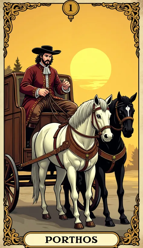 The musketeer from Alexandre Dumas novel, Porthos, dressed in 17th century attire, sits proudly at the reins of a wooden carriage, adorned with gold accents, as depicted in Rider Waites classic tarot card illustration, with a confident expression and a whi...