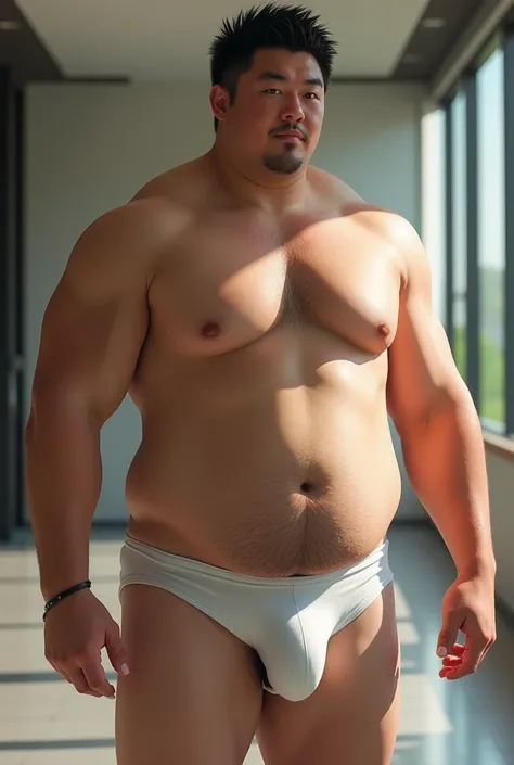 彼の体重は130キロinす, For a person who is 170 cm tall, Physical Round,   short black hair,  shirtless in the lobby、White open front briefs、ブリーフinの勃起、 Turn Your Hands Back 、 in、short stubble、 Japanese 、Uncircumcised penis，