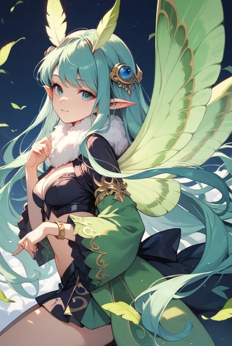 Girl who a luna moth, Very Long Hair, Pointy Ears, green wings, Best Quality, High Quality, High Details, Anime, Anime Style, 