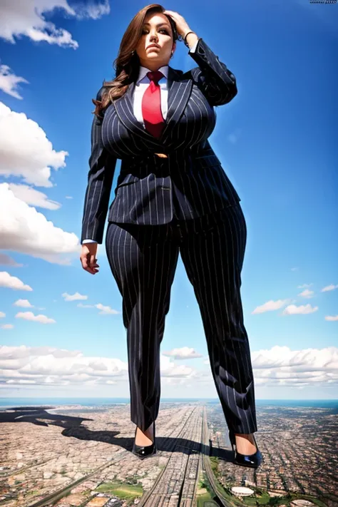 Looking up at the approaching young giantess from below, Giantess art, 500 miles tall giga giantess, young sophisticated and stylish woman in a light grey italian pinstriped trouser suit, form fitting crisp white office shirt, and a large wide blue necktie...