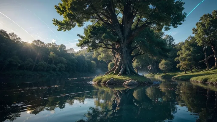 "A breathtaking scene showcasing the perfect harmony between nature and futuristic technology. Towering, massive ancient trees with intricate roots stretch across the land, their lush green canopies glowing softly in golden sunlight. Beside them rise sleek...