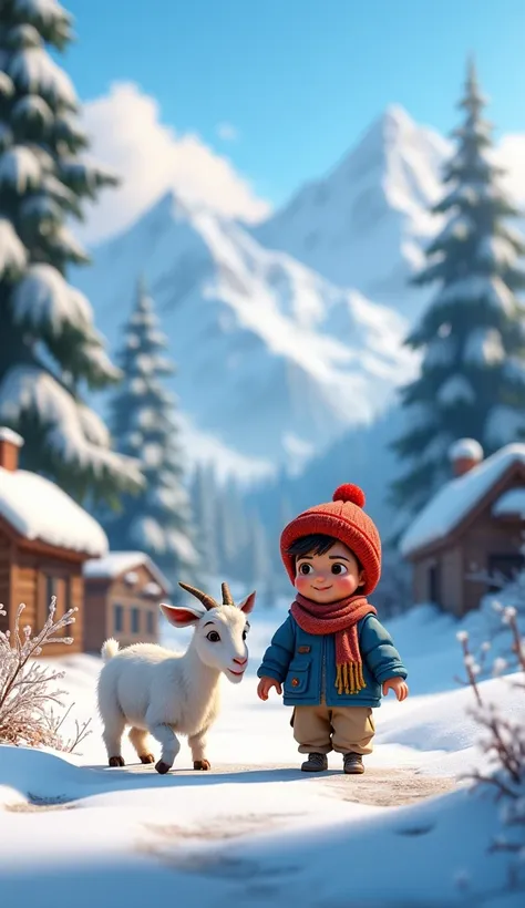 A peaceful mountain village covered in fresh snow, surrounded by tall pine trees. A young boy named Ahmed, wearing a red woolen hat, blue jacket, and beige pants, is playing with his fluffy white goat, Gulabi, near the foothills of the mountains."3d animat...