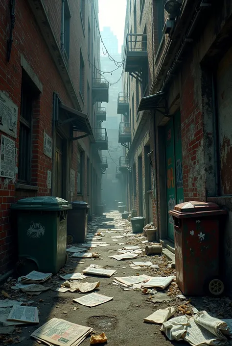 Dirty alleys ,  with garbage cans,  newspaper sheet , crumpled papers, posters on the wall