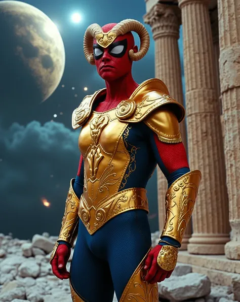 Realistic full-body photo of Spider-Man as a Golden Knight of Aries from Saint Seiya. Combine his red and blue spider costume with the golden Aries armor, his mask is gold and gold, with rams horn motifs on the shoulders and soft, flowing designs on the ch...