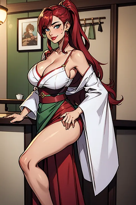 1girl, modern fantasy, volumptuous and sultry japanese woman with tanned skin, 18 years old, short height, round fake breasts, cleavage, wavy (crimson hairs) with side bang, very long hair ponytail, (white kimono top), long sleeves, ((very long:1) (green p...