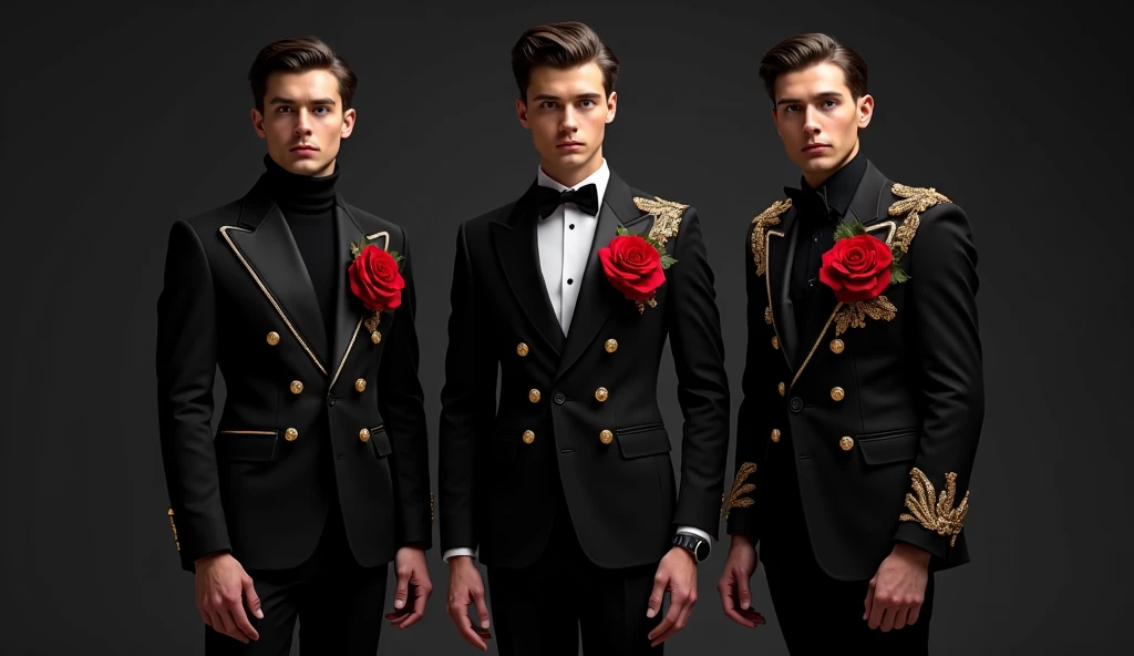 Create luxury black couture suits for male with red roses gold elements 