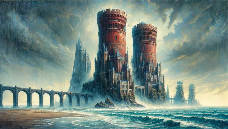 painting of a castle on a cliff overlooking the ocean, peter gric and dan mumford, symmetrical epic fantasy art, dan mumford and albert bierstadt, 8 0s style tomasz alen kopera, wayne barlowe pierre pellegrini, andreas rocha and john howe, marc _ simonetti...