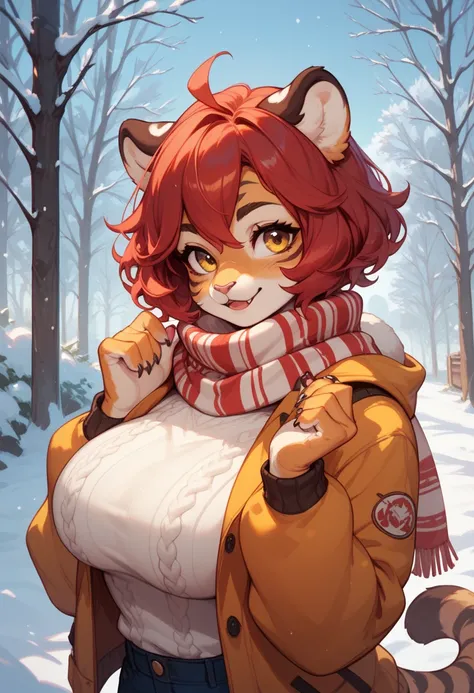  Furry tiger with yellow eyes big breasts short hair ,  cute appearance big breasts red hair in a sweater in winter   , in a warm jacket and scarf   