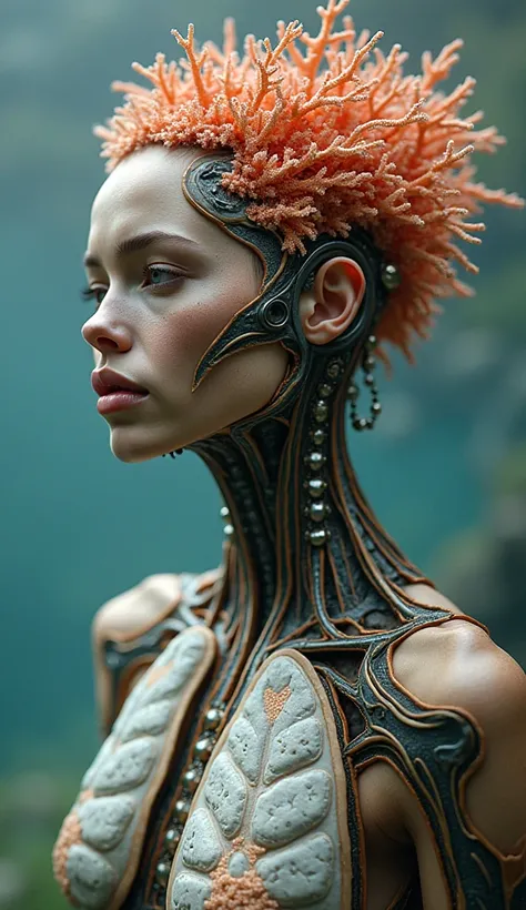 A portrait of a beautiful woman with coral reef hair torso, lungs, plates, biomechanical art, soft light painted by james jean, smooth face features, sharpness, complex art, highly detailed