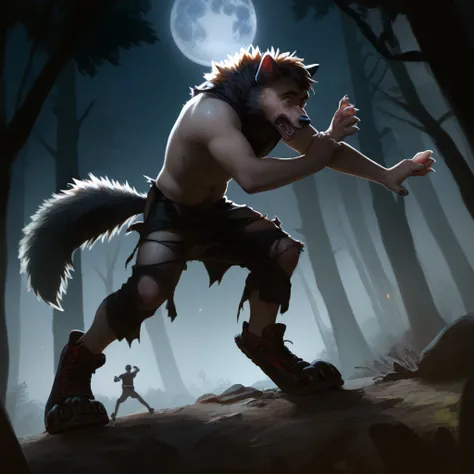  transformation, single, man, dynamic pose, detailed fur:0.9, skin:1.5, [human nose: wolf nose:0.3], human face, paws, touch bare tail, in pain, confused, torn clothes, torn shoes, deep night, darkness, forest, full moon, drawing style, liner, simple colou...