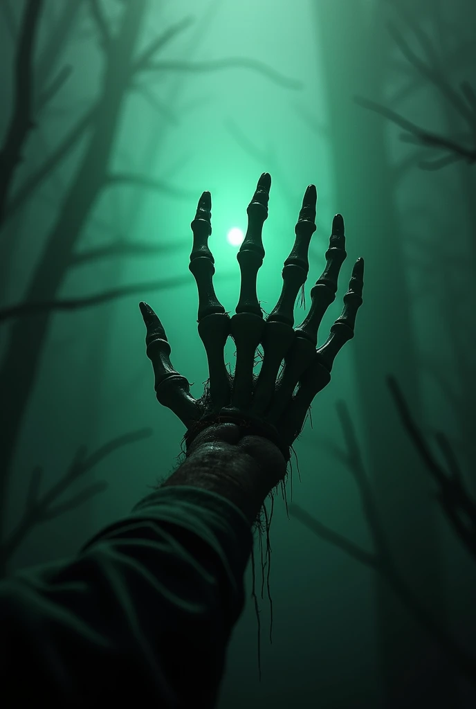  A dark and atmospheric scene , with predominant shades of black and gray , illuminated by greenish lights and an ominous glow. in the center,  a skeletal,  hand of an undead ,  with frayed skin and sharp nails , seems to be holding something .  The backgr...