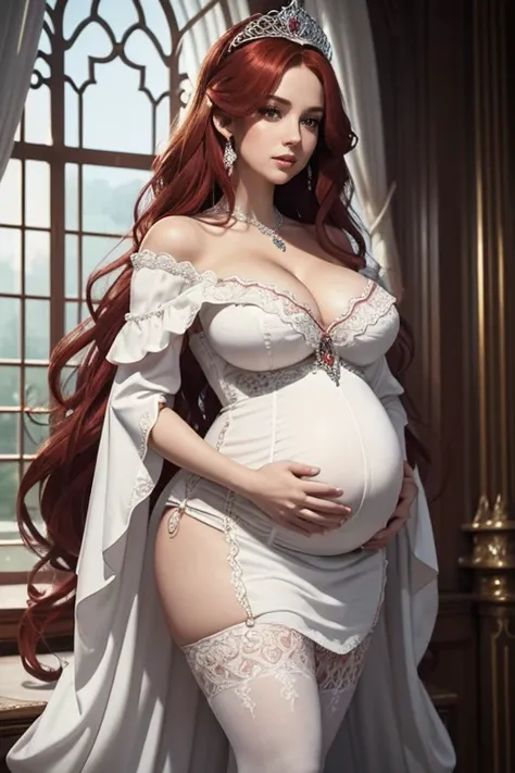 8k, masterpiece, very realistic, Full body, Sexy pregnant princess, very slim waist, big thighs, elaborate detailed tight beautiful white off shoulder dress, (long wavy flowing red hair), elaborate detailed patterned white stockings, cleavage, pregnant, (c...