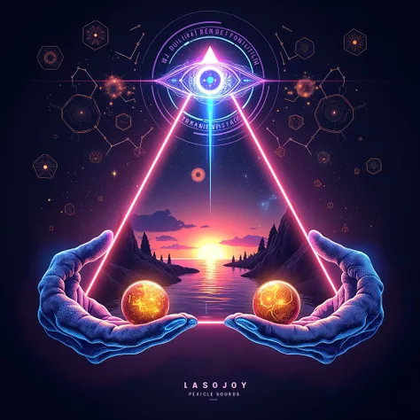 Create a bold, high-quality cosmic and futuristic illustration using the colors purple (#6A0DAD), neon blue (#00FFFF), golden orange (#FFA500), and black (#000000). At the center, design a glowing triangle with energy flows along its edges, surrounded by s...