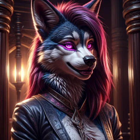 Furry female anthropomorphic husky, vibrant blue fur, (detailed fur texture:1.2), pink accents on ears and facial features, (eye color: glowing crimson), large, glossy pink lips, (expression: playful, slightly seductive), (detailed facial features:1.3), ce...