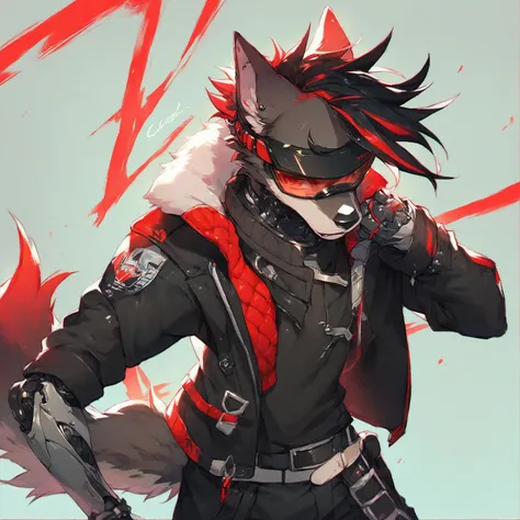 Head Shot, Cyperpunk, score_9, score_8_up, score_8, Male, Robotic body, black metal, wolf, black visor, black jacket, unique hair style, black hair, red neon tail