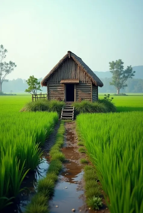 A scene needs to be created. In the middle, there will be a small wooden house with a thatched roof. The house should be placed on slightly elevated ground, with water accumulating around it. Surrounding the house will be green paddy fields, and a narrow d...