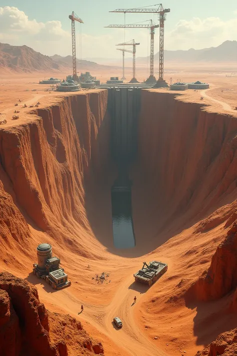  An aerial view of a huge hole under construction in the Chinese desert,  surrounded by advanced machinery , cranes and scientific equipment ."
