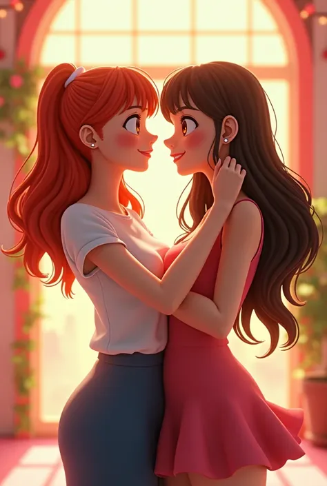 Une femme rousse aux yeux noisettes danse avec une femme brune. Style: Manga humoristique romance 3D.