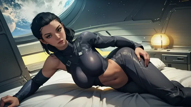 Planet with rings in the background, Women in spaceship(realisti:1.1), (photo-realistic:1.1), slim muscular body, saggy boobs, enormous boobs, on bed, Detailed, Rendering, Epic, Andreja from starfield, very tan, eastern european, black hair, Ambient lighti...