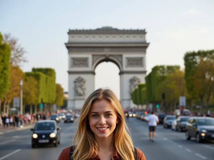  une jeune blonde de 25ans devant larc de triomphe