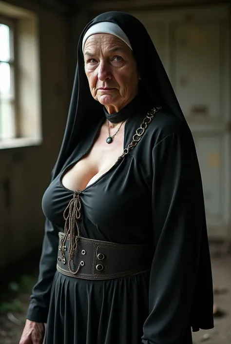 ((round German busty ugly sexy tall femdom old granny nun, standing up)), tight black tunic, (((provoking, sexually mischievous, leaning forward to let her boobs pend, ultra deep cleavage, natural saggy ultra wrinkled boobs, titanic boobs, big nipples))), ...