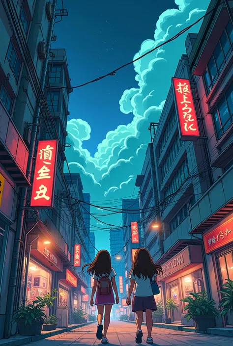  Comic Strips ，Hong Kong Style Cartoon Style ，Storm and clouds cartoon style，（（（Cartoon division））），（（（  comic storyboard ）））， two-dimensional picture ， Shinkai Makifu ，Makoto Shinkai cartoon art， Teenage Girls ，Narrow Alley in Town ， starry sky ，Colorful，...