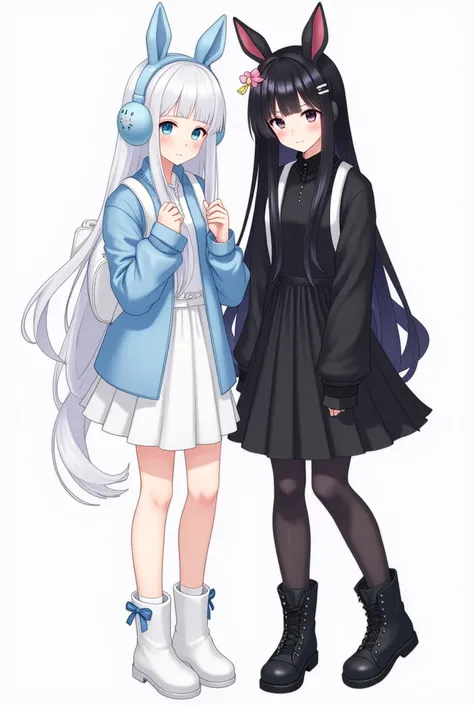  Create an image of two friends standing side by side posing .  One of them has long white hair ,  Blue Eyes, wears white boots , White skirt, cropped baby blue ,  baby blue arm warmers striped with white ,  white rabbit-shaped backpack and a kawaii cat ea...